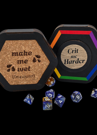 Queer Craft™ Pride Dice Holder + Coaster | Solid Wood 7 Polyhedral Dice Box